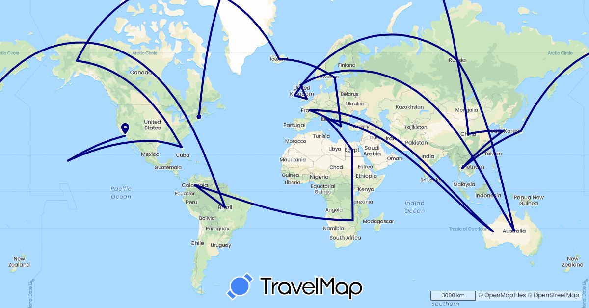 TravelMap itinerary: driving in Australia, Brazil, China, Colombia, Egypt, France, United Kingdom, Greece, Ireland, Iceland, Italy, Japan, South Korea, Russia, Sweden, Thailand, United States, Zimbabwe (Africa, Asia, Europe, North America, Oceania, South America)